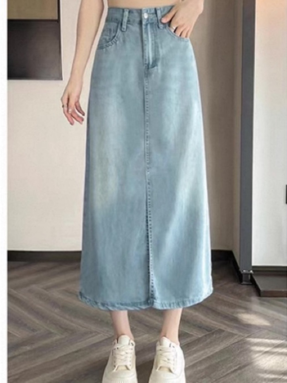 Light Blue Denim Maxi Skirt — High-Waist Straight Silhouette